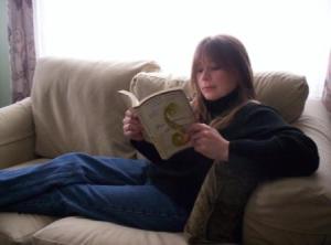 Heather reading Five Quarters of the Orange