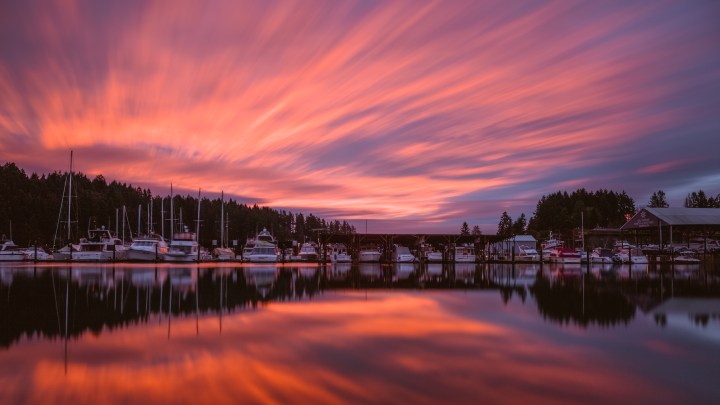 Boats in Gig Harbor, Washington at sunset