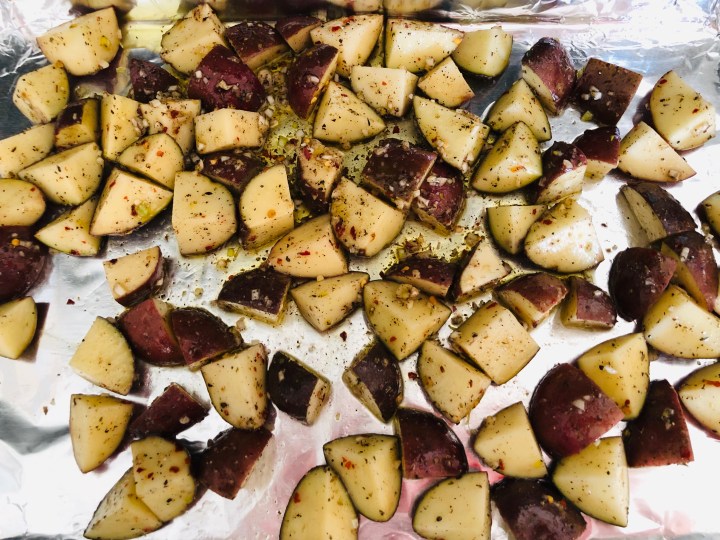 Potatoes on baking sheet