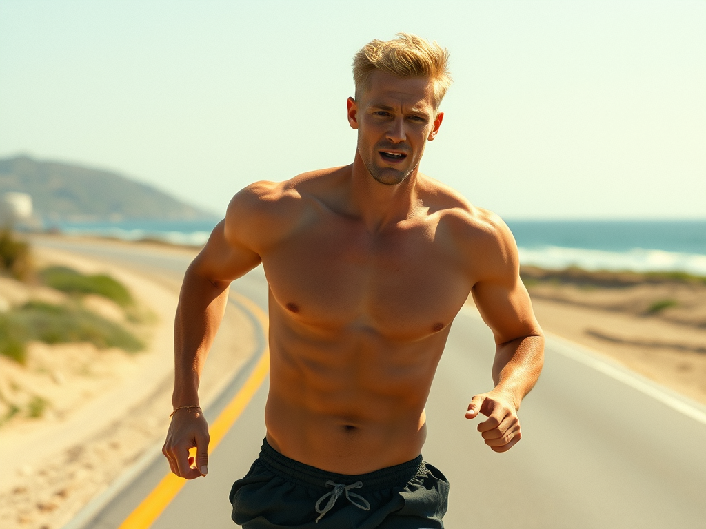 Blond man running on a coastal road
