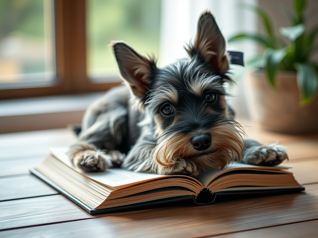Miniature schnauzer laying on a book