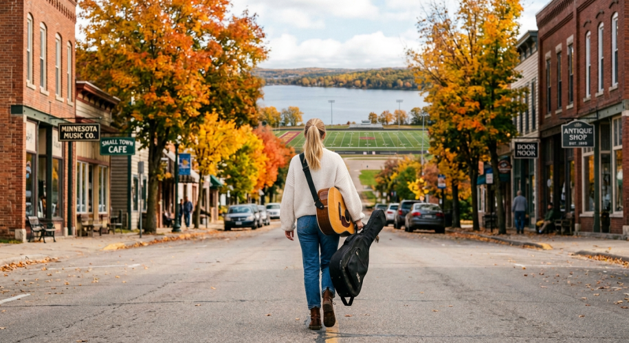 Woman with ponytail, white sweater, jeans, lake, football field